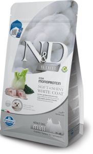 FARMINA N&D WHITE – DOG sausas maistas suaugusiems mažų veislių šunims Su jūros dumbliais, spirulina ir pankoliais 7 kg
