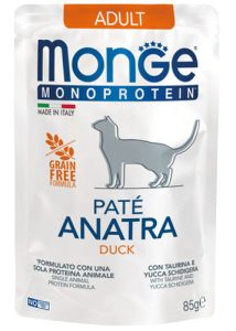 Monge Monoprotein Adult begrūdis konservuotas pašaras katėms su antiena 85g