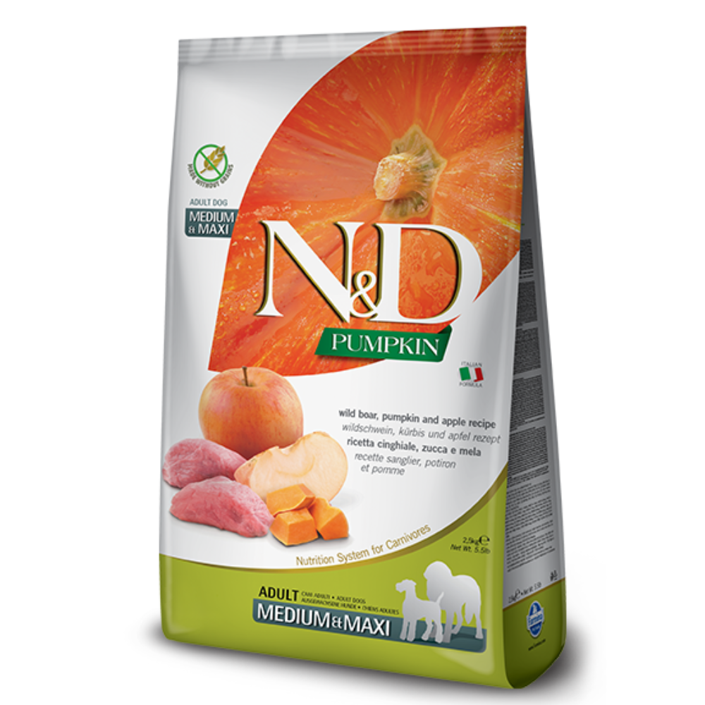 FARMINA N&D PUMPKIN - sausas pašaras suaugusiems vidutinių ir didelių veislių šunims su šerniena, moliūgais ir obuoliais 2,5 kg