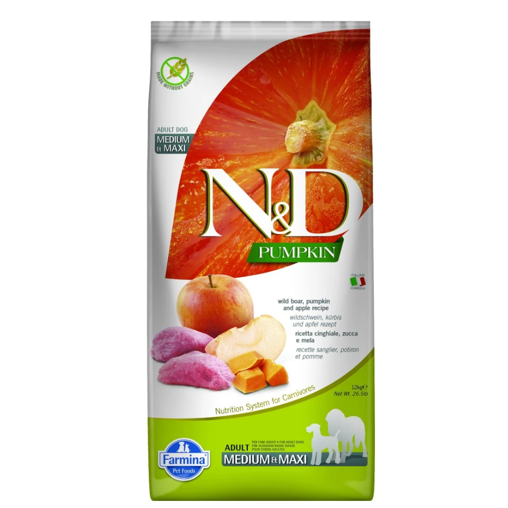 FARMINA N&D PUMPKIN - sausas pašaras suaugusiems vidutinių ir didelių veislių šunims su šerniena, moliūgais ir obuoliais 12 kg