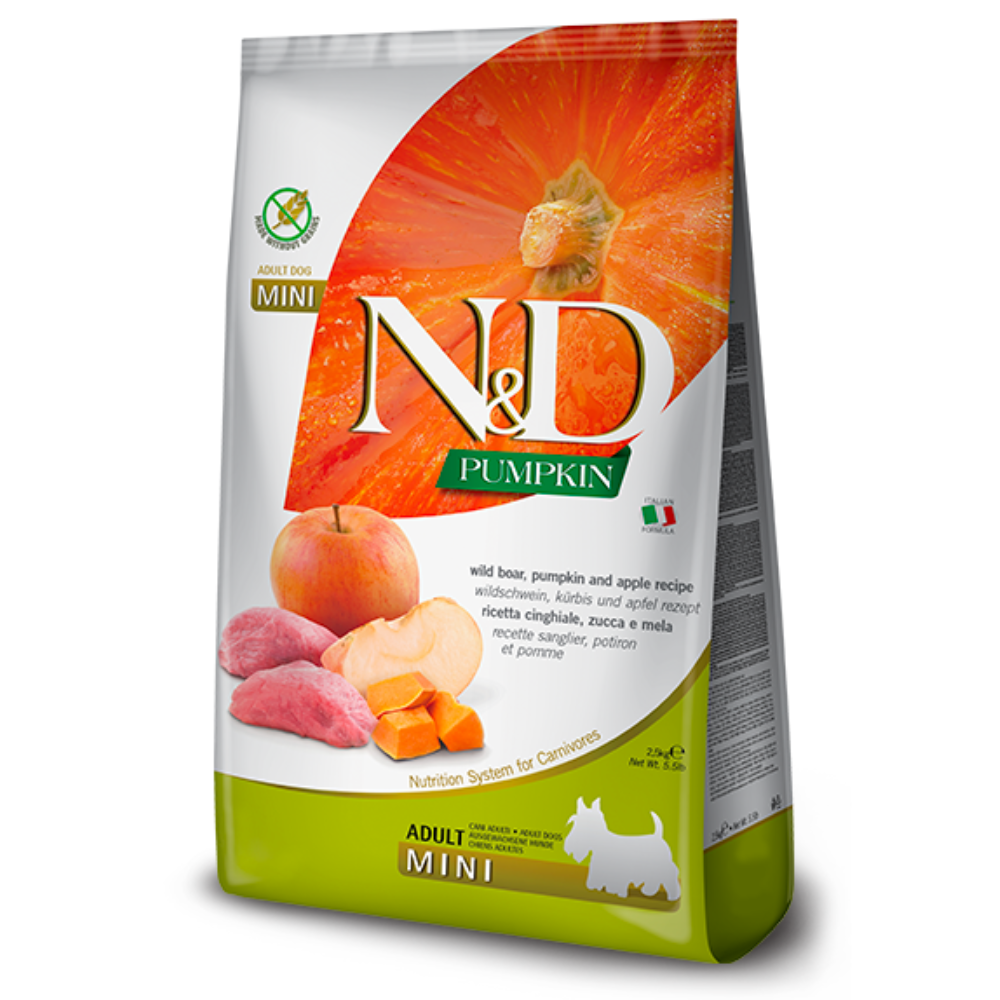 FARMINA N&D PUMPKIN - sausas maistas suaugusiems mažų veislių šunims su šerniena, moliūgais ir obuoliais 2,5 kg