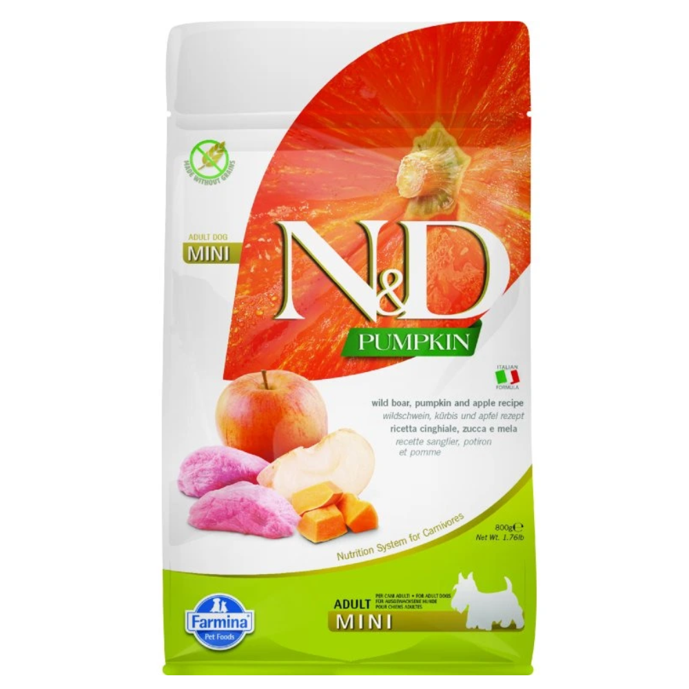 FARMINA N&D PUMPKIN - sausas maistas suaugusiems mažų veislių šunims su šerniena, moliūgais ir obuoliais 800 gr