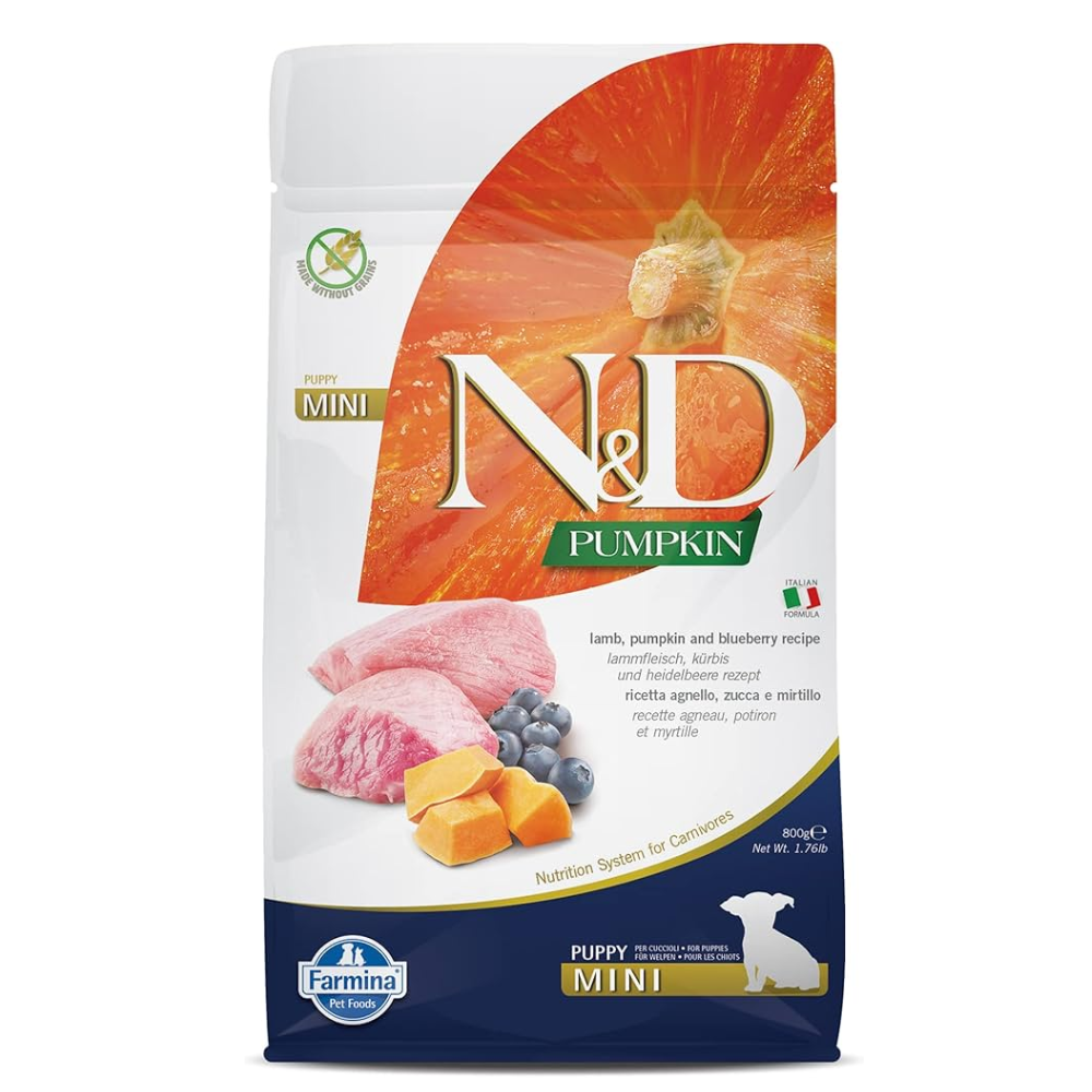 FARMINA N&D PUMPKIN - sausas maistas jauniems mažų veislių šunims su ėriena, moliūgais ir mėlynėmis 800 gr