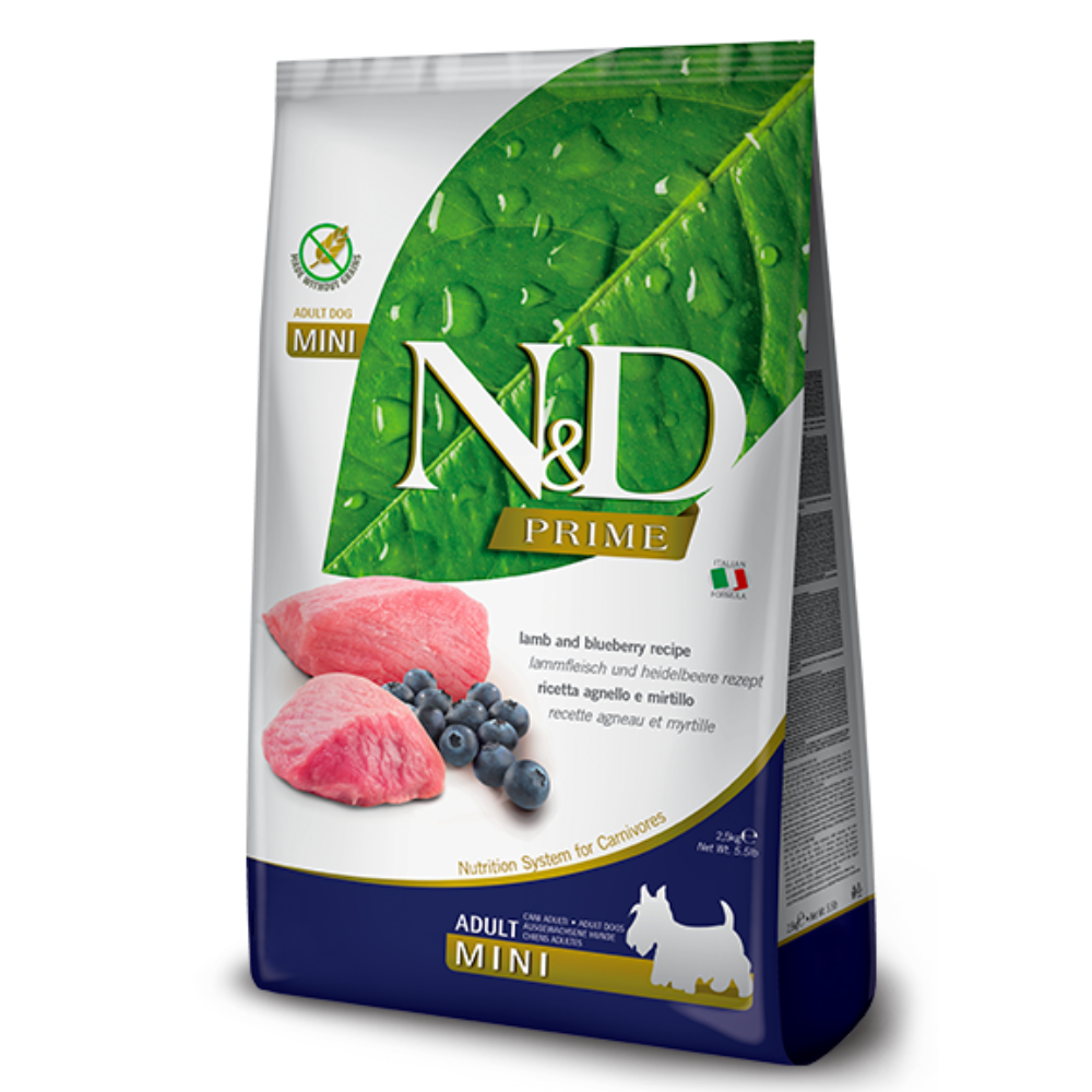 FARMINA N&D PRIME - sausas maistas suaugusiems mažų veislių šunims su ėriena ir mėlynėmis 2,5 kg