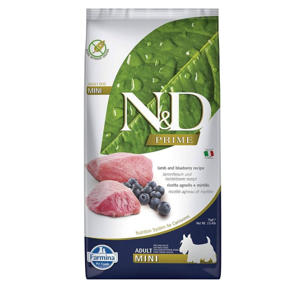 FARMINA N&D PRIME - sausas maistas suaugusiems mažų veislių šunims su ėriena ir mėlynėmis 7 kg