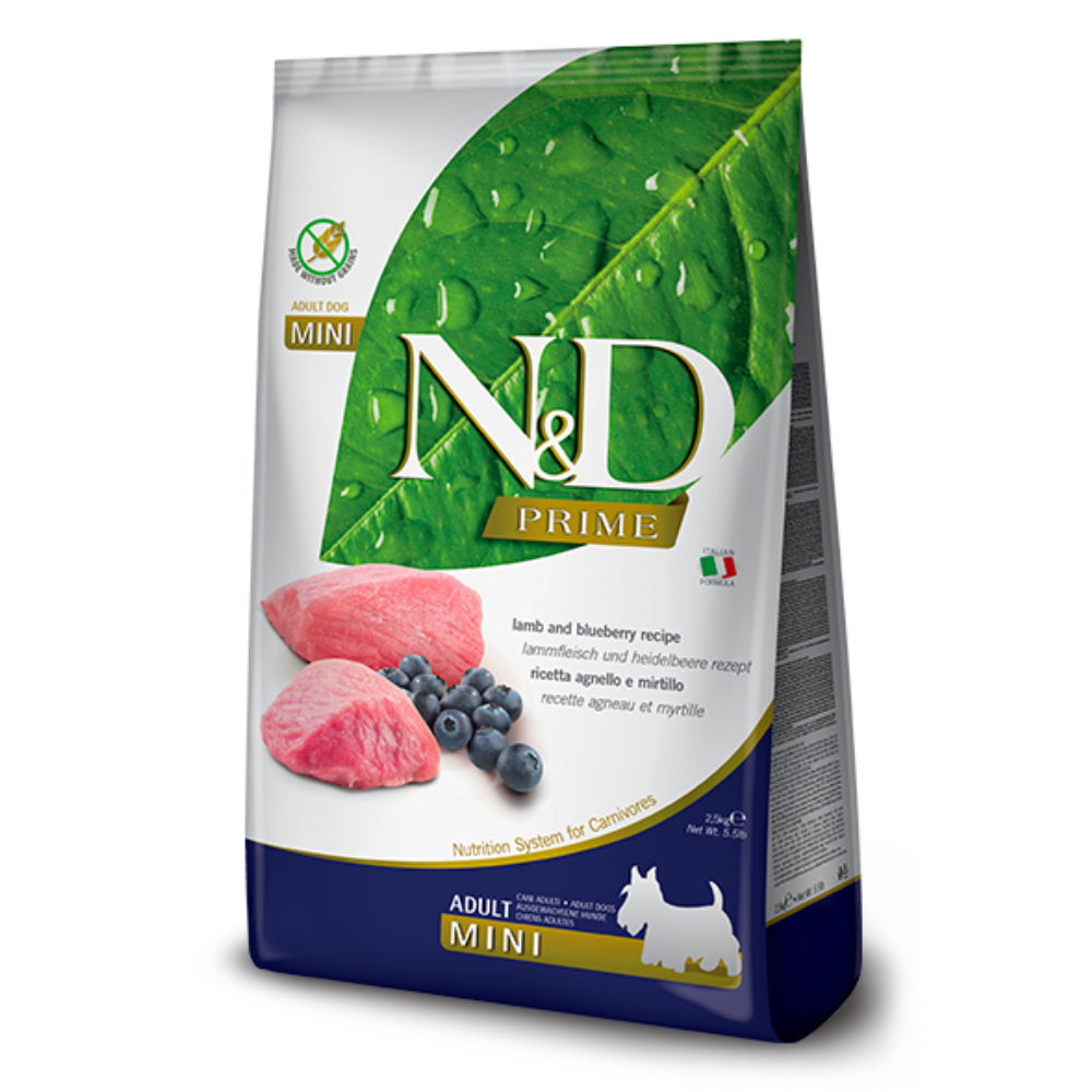 FARMINA N&D PRIME - sausas maistas suaugusiems mažų veislių šunims su ėriena ir mėlynėmis 800 g