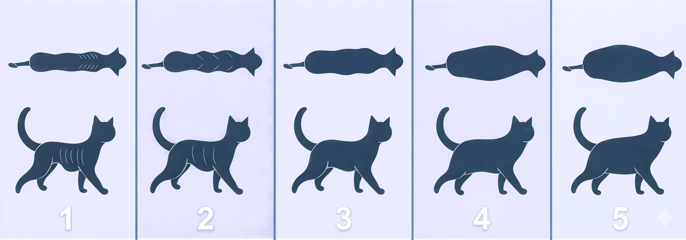 Kačių įmitimo vertinimo nuotrauka nuo 1 iki 5.