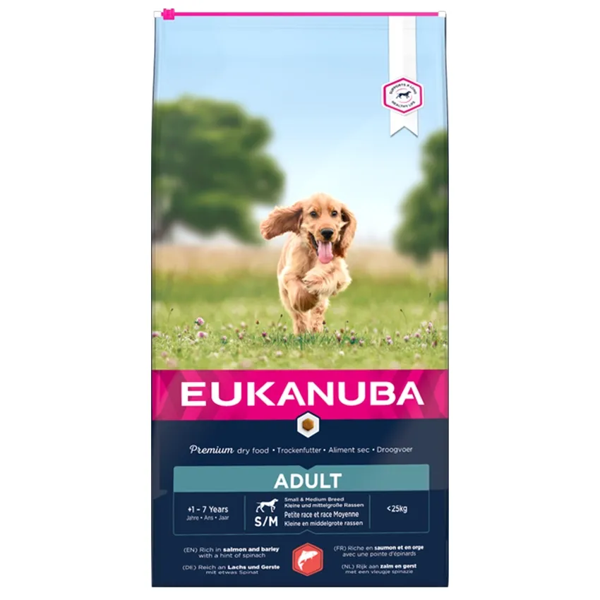 Eukanuba S/M visavertis pašaras suaugusiems šunims su lašiša ir miežiais, 12 kg