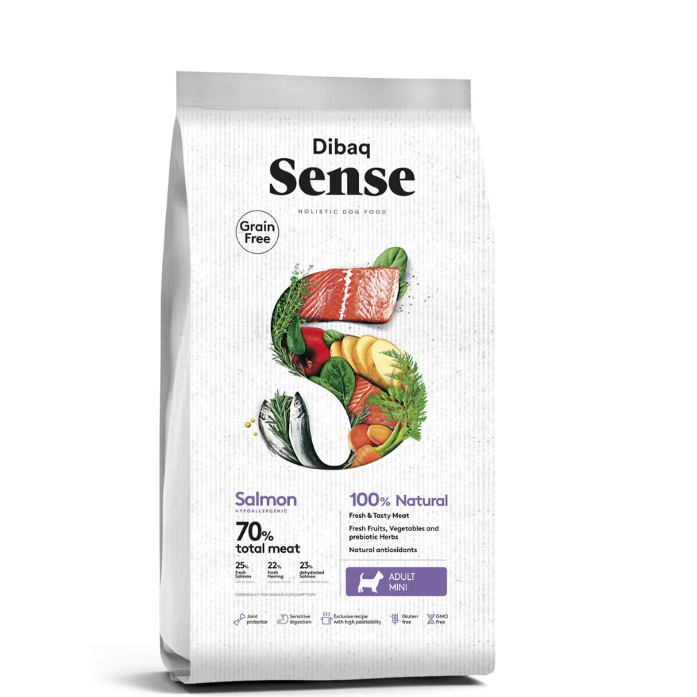 Dibaq Sense begrūdis maistas šunims su lašiša mini granulėmis 2KG